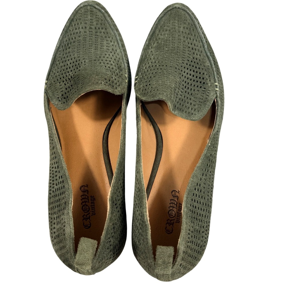 Crown Vintage Veneta-CV Olive Green Perforated Suede Leather Loafers Flats 7M